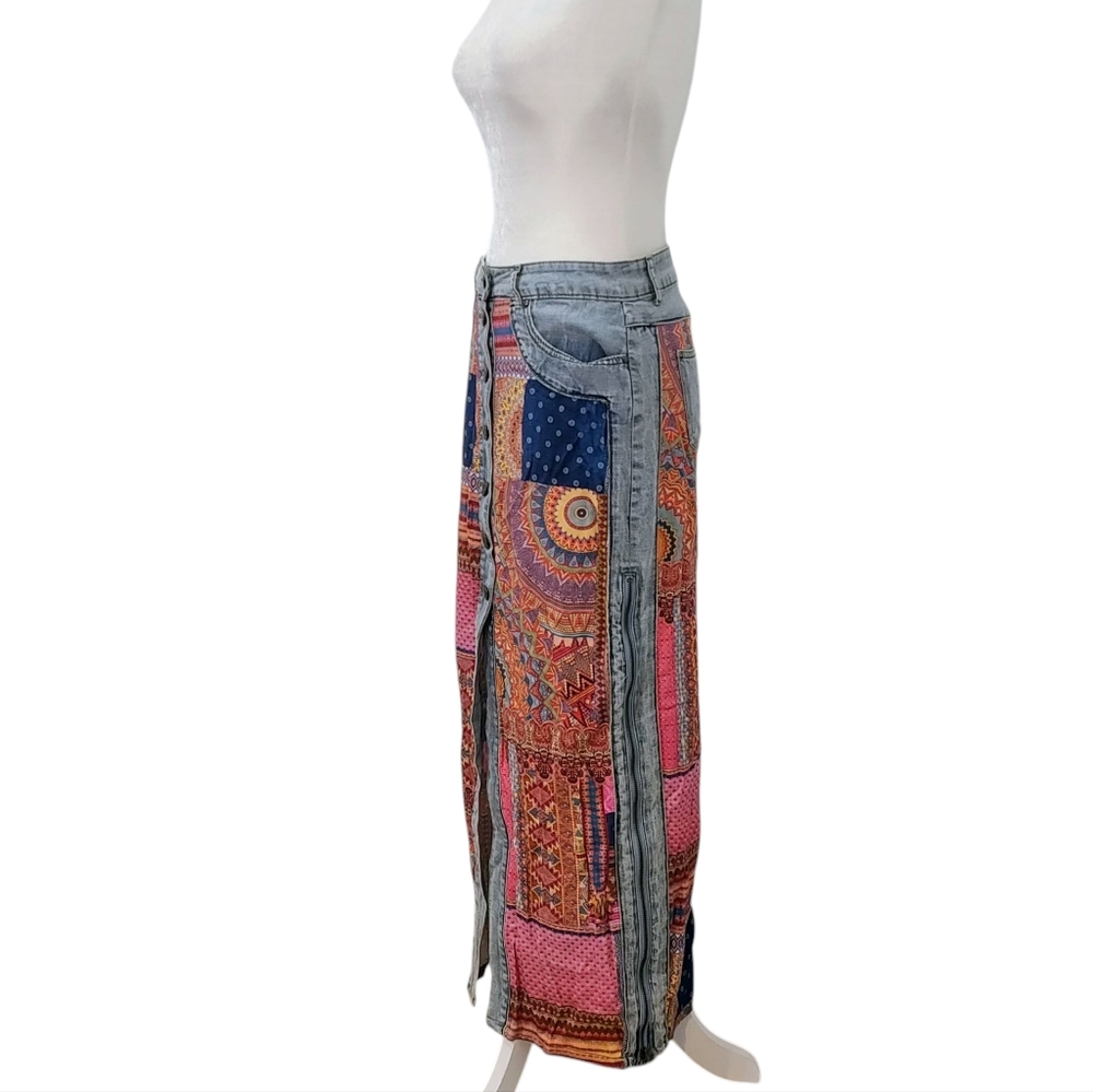 Desigual Wearable Art Multicolor Patchwork Denim Creative Artistic Maxi Skirt - Picture 5 of 16